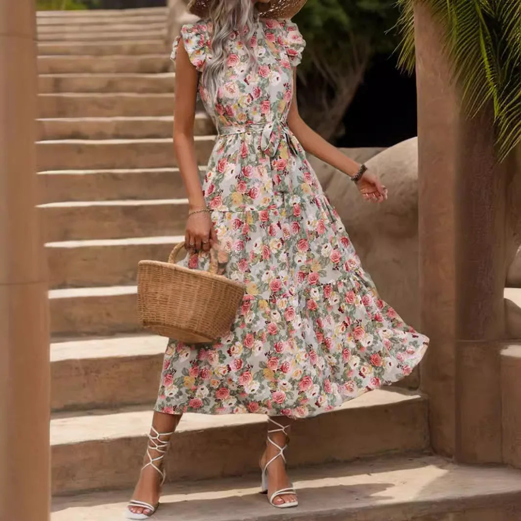 Elegant Floral High Waisted Midi Dress