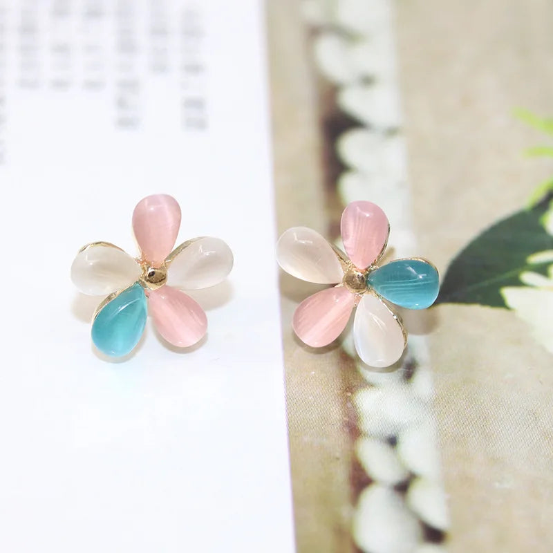 Trendy Cat's Eye Stone Five Petal Flower Stud Earings