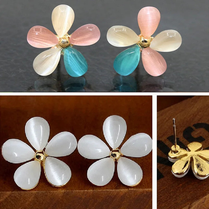 Trendy Cat's Eye Stone Five Petal Flower Stud Earings