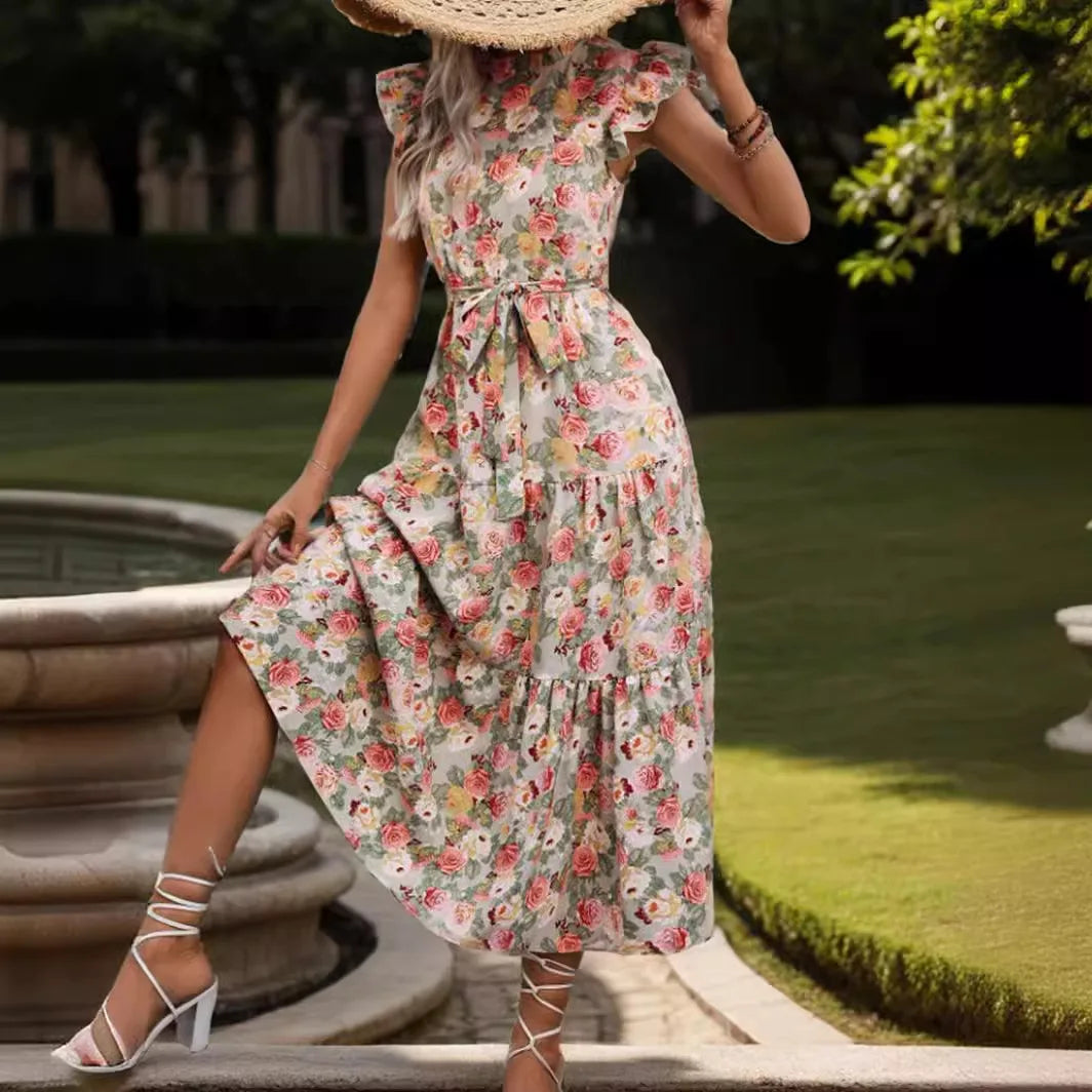 Elegant Floral High Waisted Midi Dress