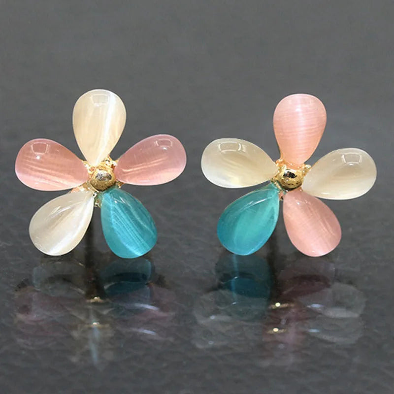 Trendy Cat's Eye Stone Five Petal Flower Stud Earings