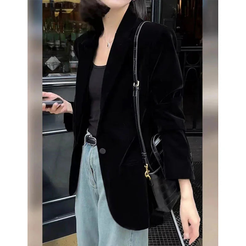 Autumn New Black Velvet Women's Blazer