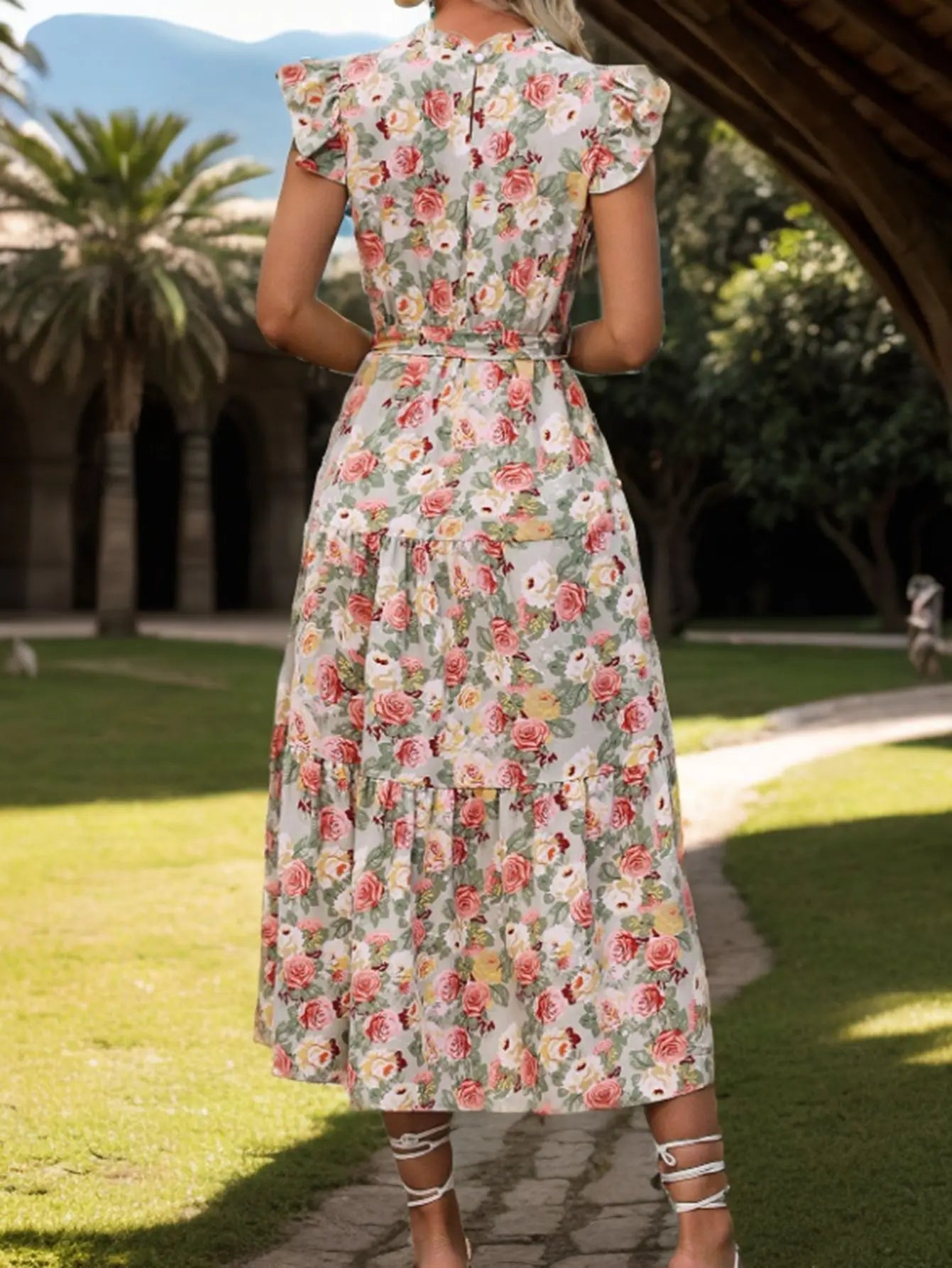 Elegant Floral High Waisted Midi Dress