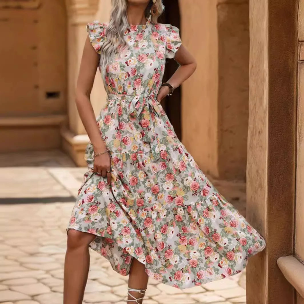 Elegant Floral High Waisted Midi Dress