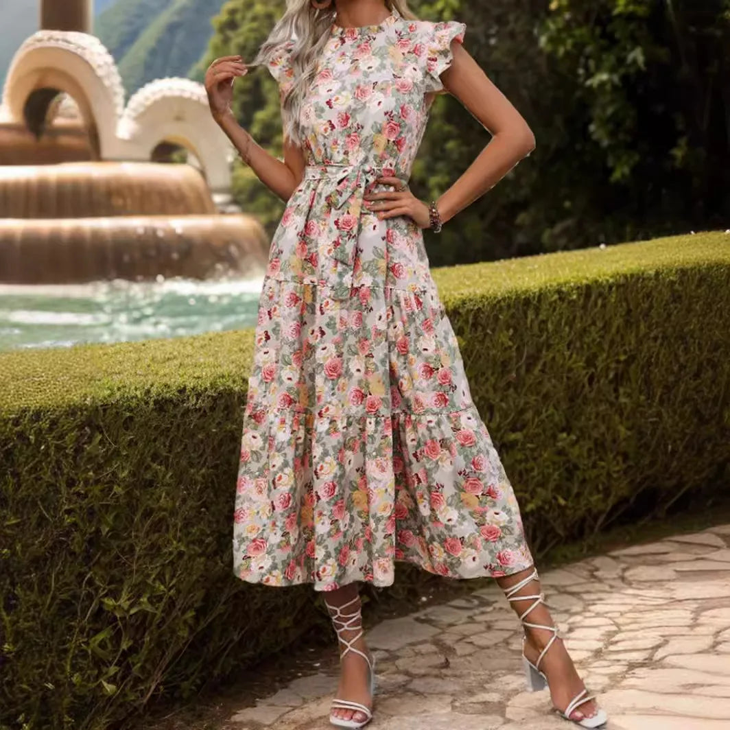 Elegant Floral High Waisted Midi Dress