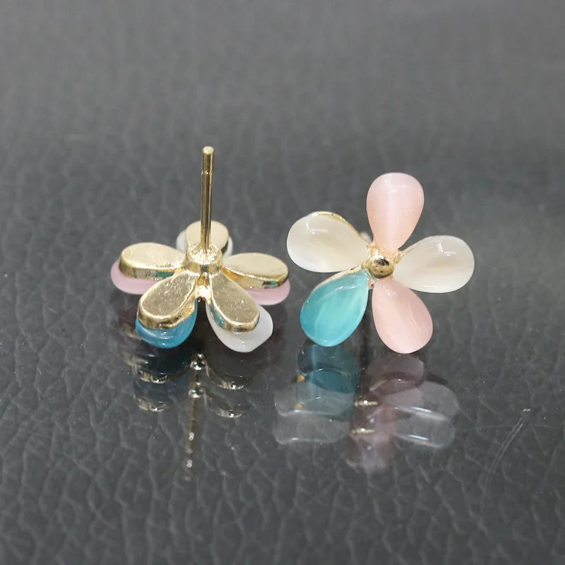 Trendy Cat's Eye Stone Five Petal Flower Stud Earings